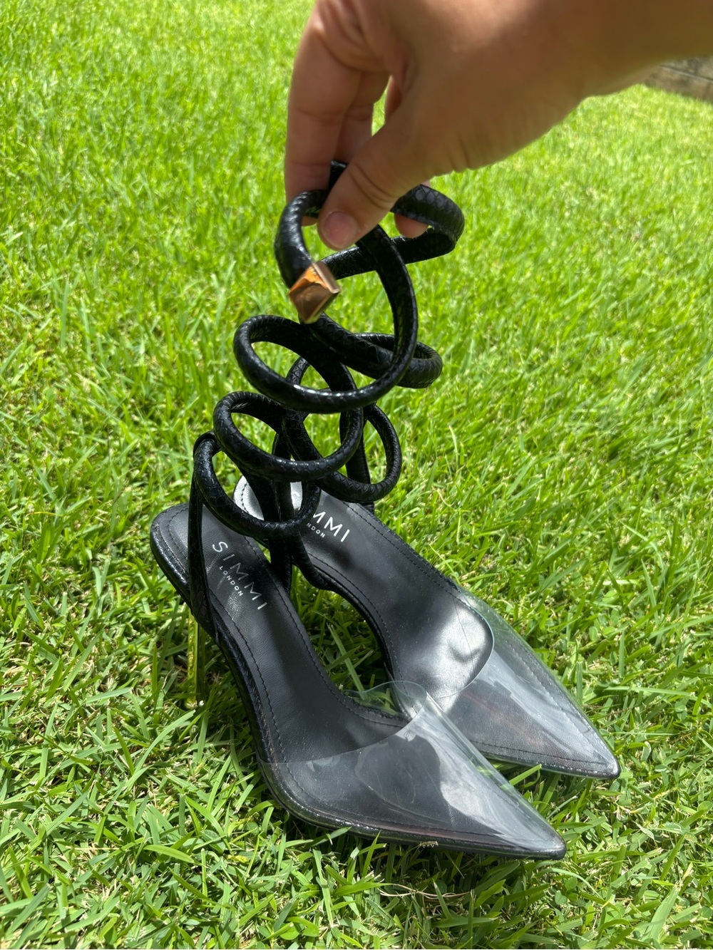 SIMMI Black Spiral Ankle Clear-Point Heels
